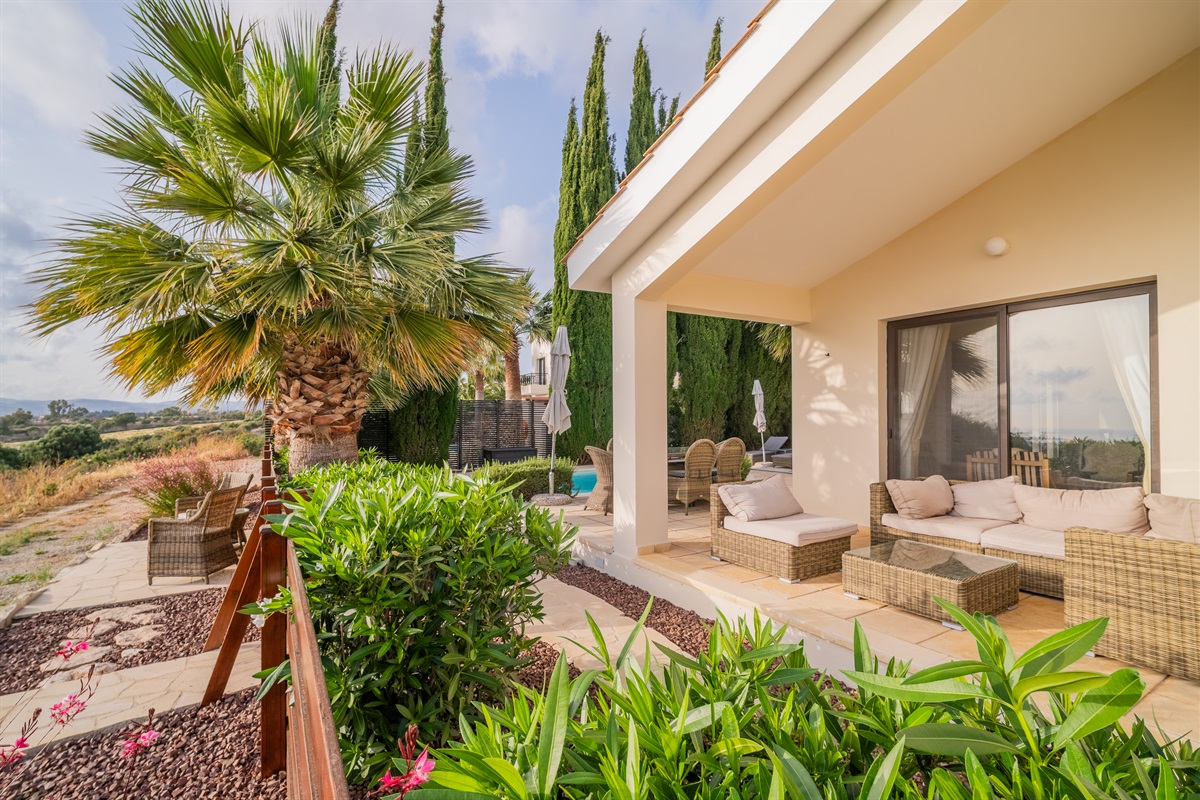 Unwind in the spacious outdoor sofa covered by the overhanging roof – a perfect spot to enjoy a glass of Cyprus wine and share stories of the day's adventures or pick up a book from our little library.