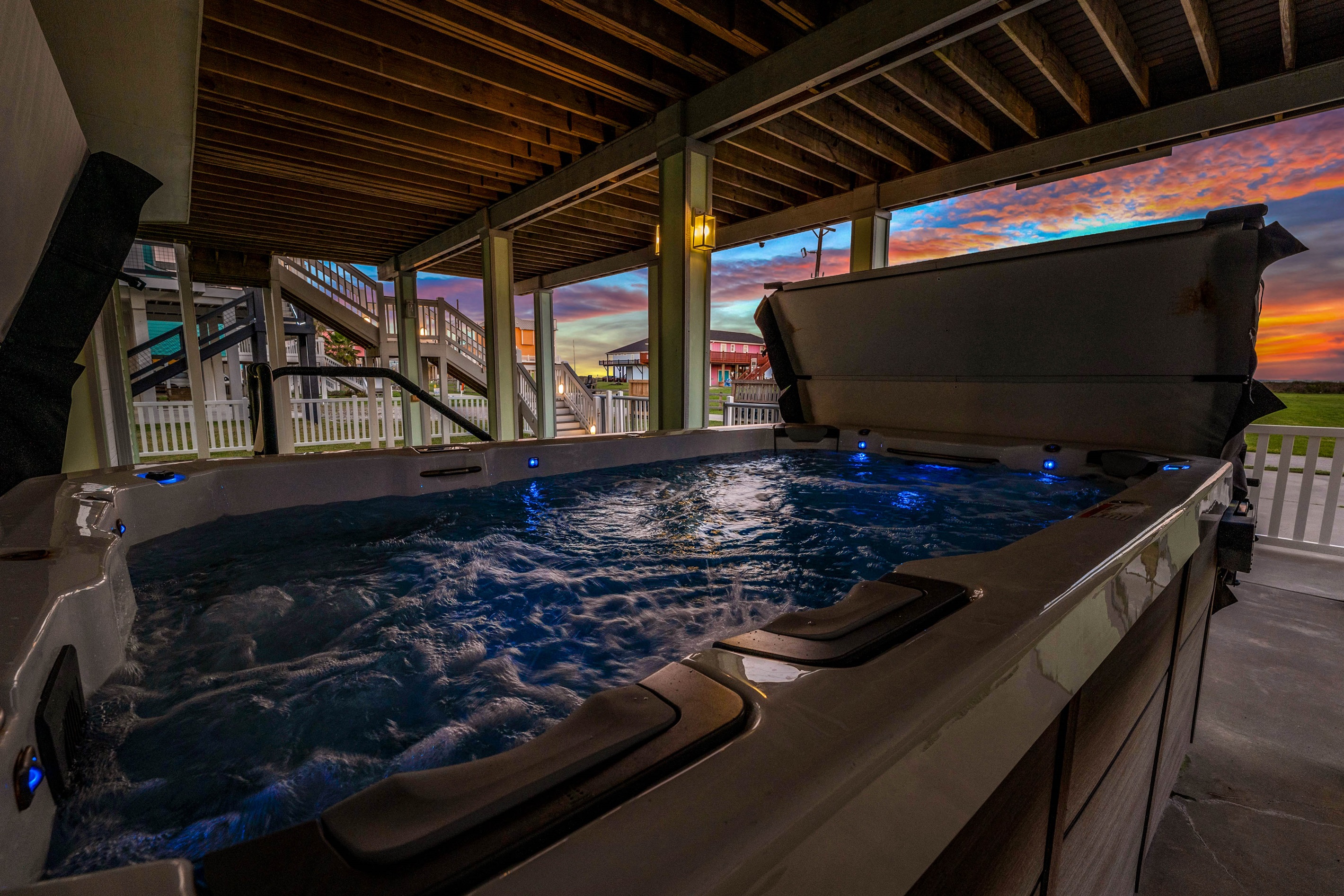 Crystal Paradise Outdoor Space: Relax and unwind in the ultimate water escape, enjoy the soothing hot tub or take a refreshing dip in the swim spa, right at your doorstep.