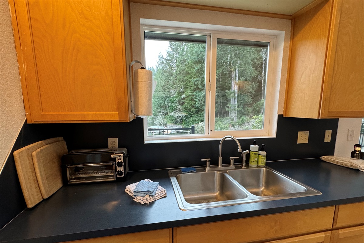 view of lake from kitchen sink 