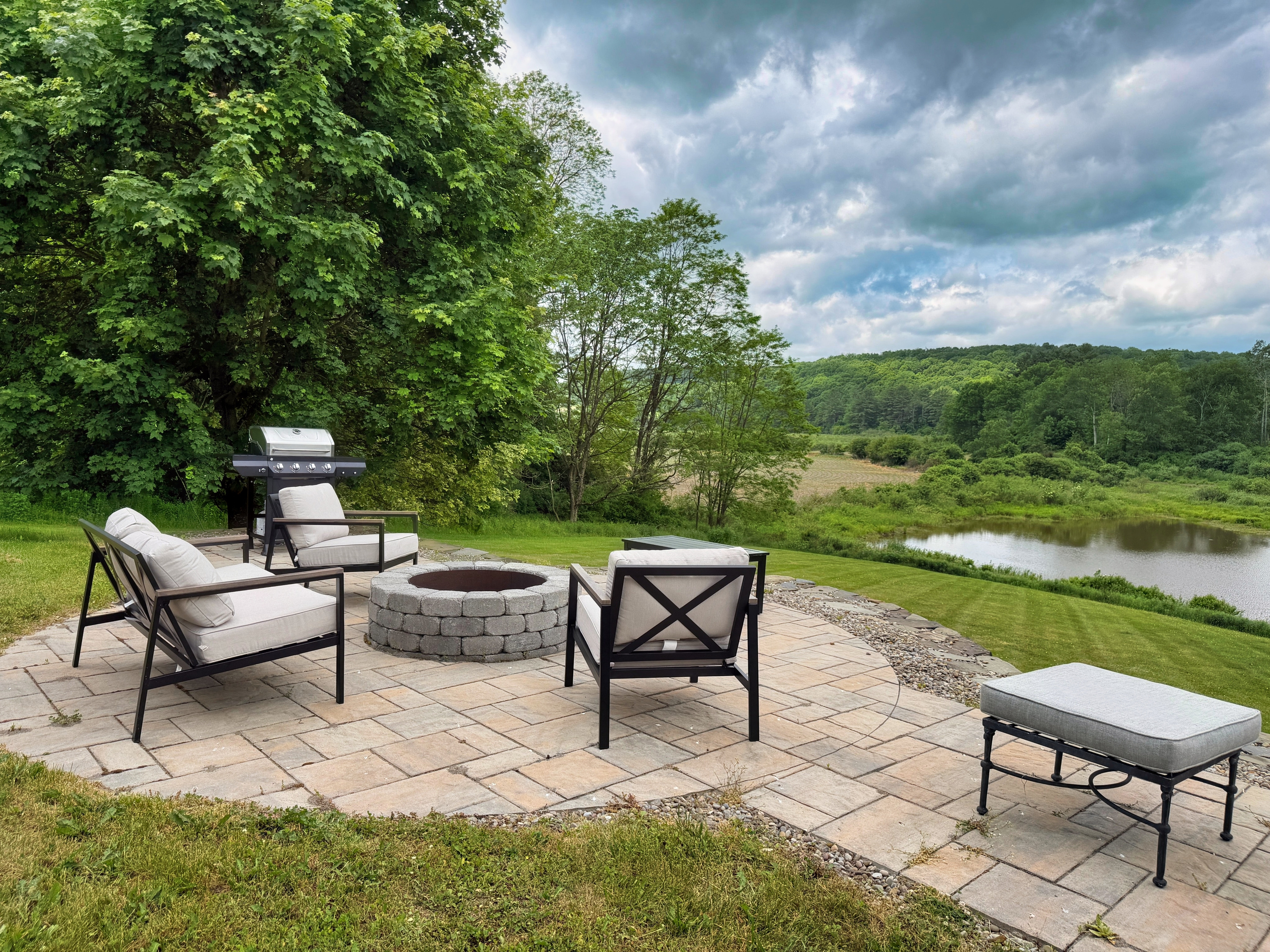 Outside seating around the wood burning fire pit