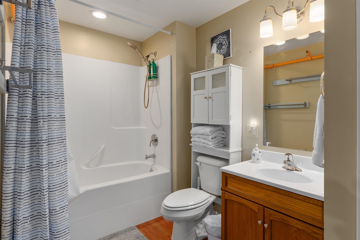 Mist's bathroom has a full tub/shower, plus iron & ironing board.