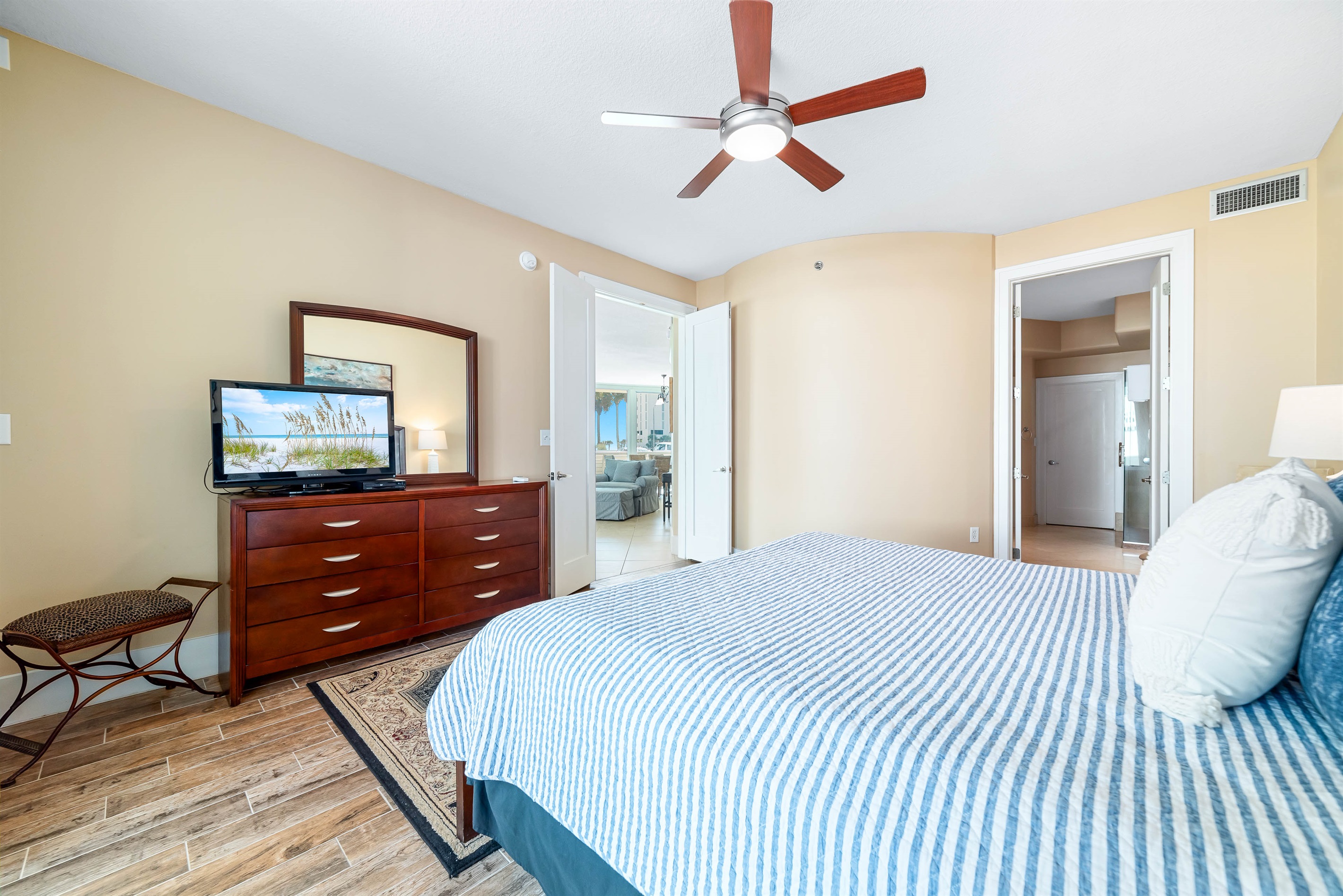 A welcoming and stylish bedroom designed for restful nights. The comfortable bedding and thoughtful decor create a serene retreat.