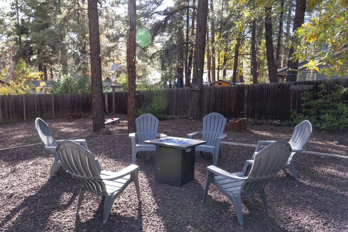 Outdoor seating area surrounded by tall pines, with space to unwind around the fire pit.