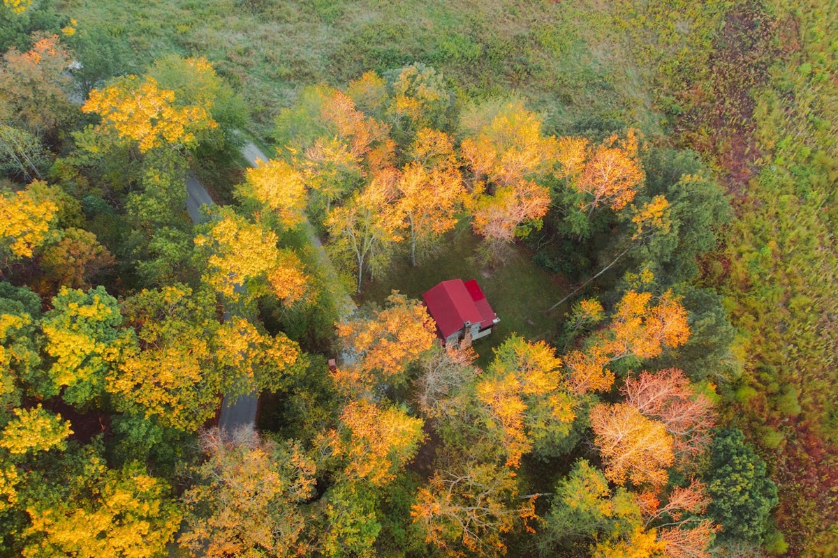 Aerial view of CopperRose, nestled in the vibrant fall landscape.