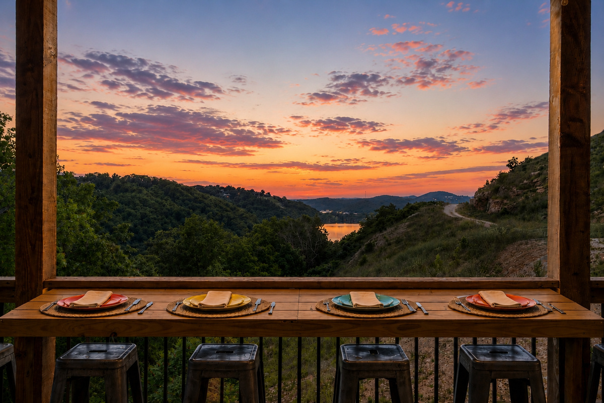 Enjoy the laughter on the upper deck while looking over the lake and the sunset to the west. 