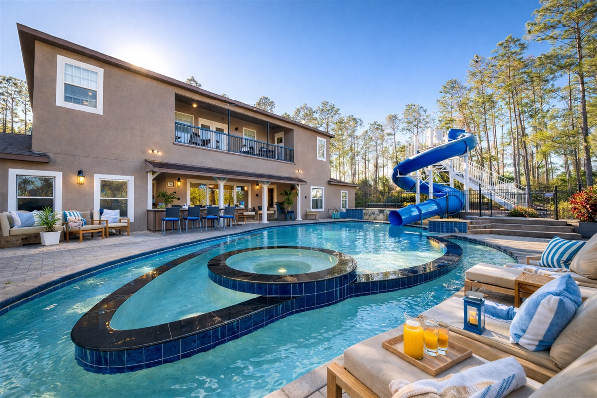 Two-story waterslide at Clermont lakefront resort estate