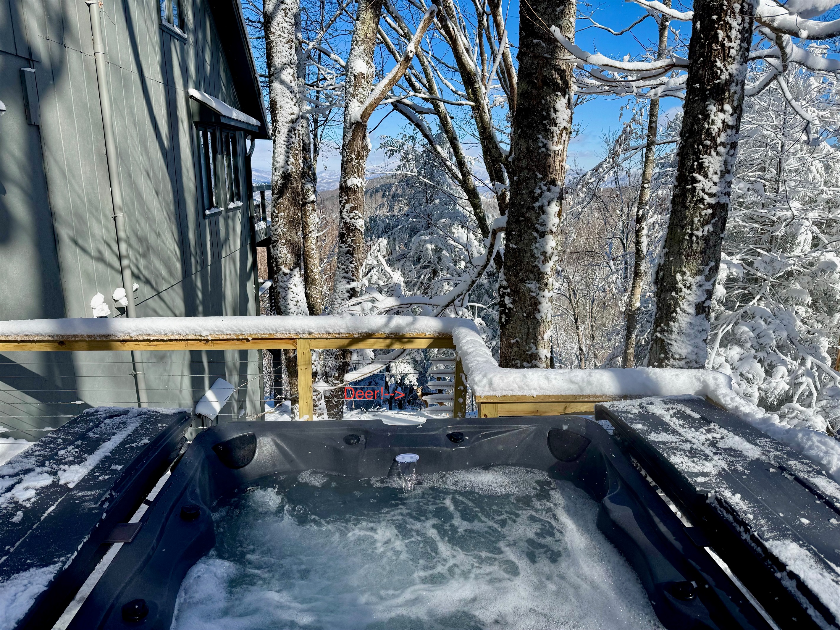 You just might catch some deer wandering by while you enjoy the hot tub.  There is a popular route close by.