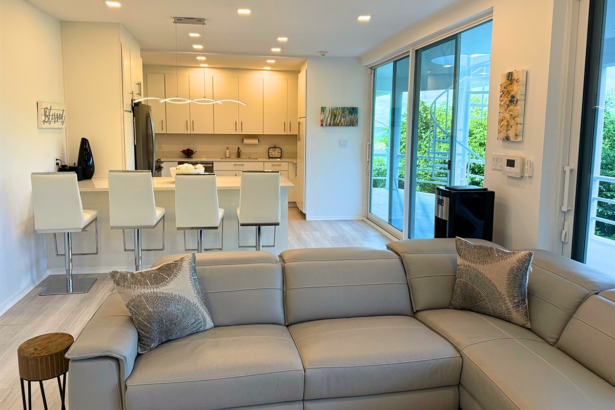 A full living room and kitchen are found in the apartment