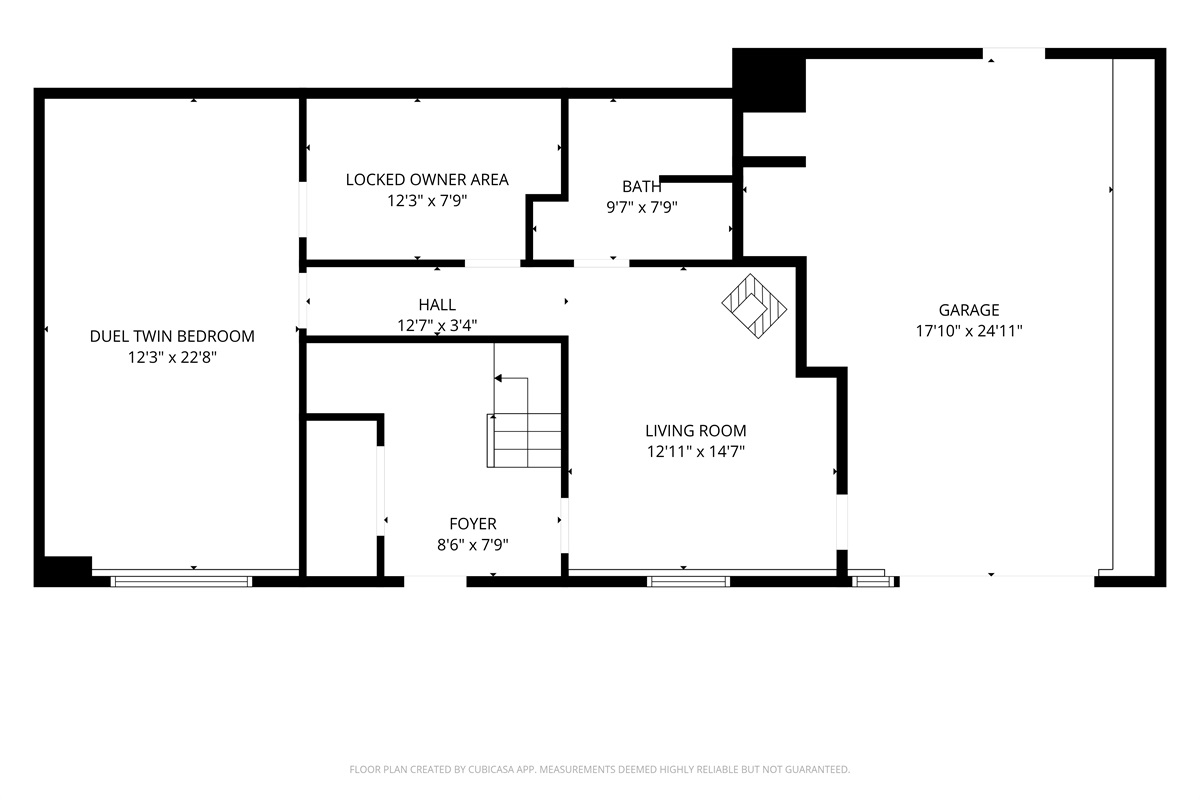 The Crag’s ground-level "Base Camp" layout. Features a private Dual Twin Bedroom, full bath, and cozy family room—all with high-speed WiFi for 4K streaming and remote work. Stay connected while nestled against the Acadia National Park border.