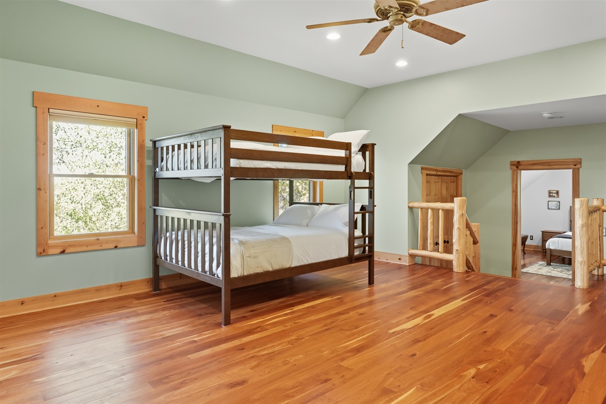 Bright bedroom with classic wooden furnishings.