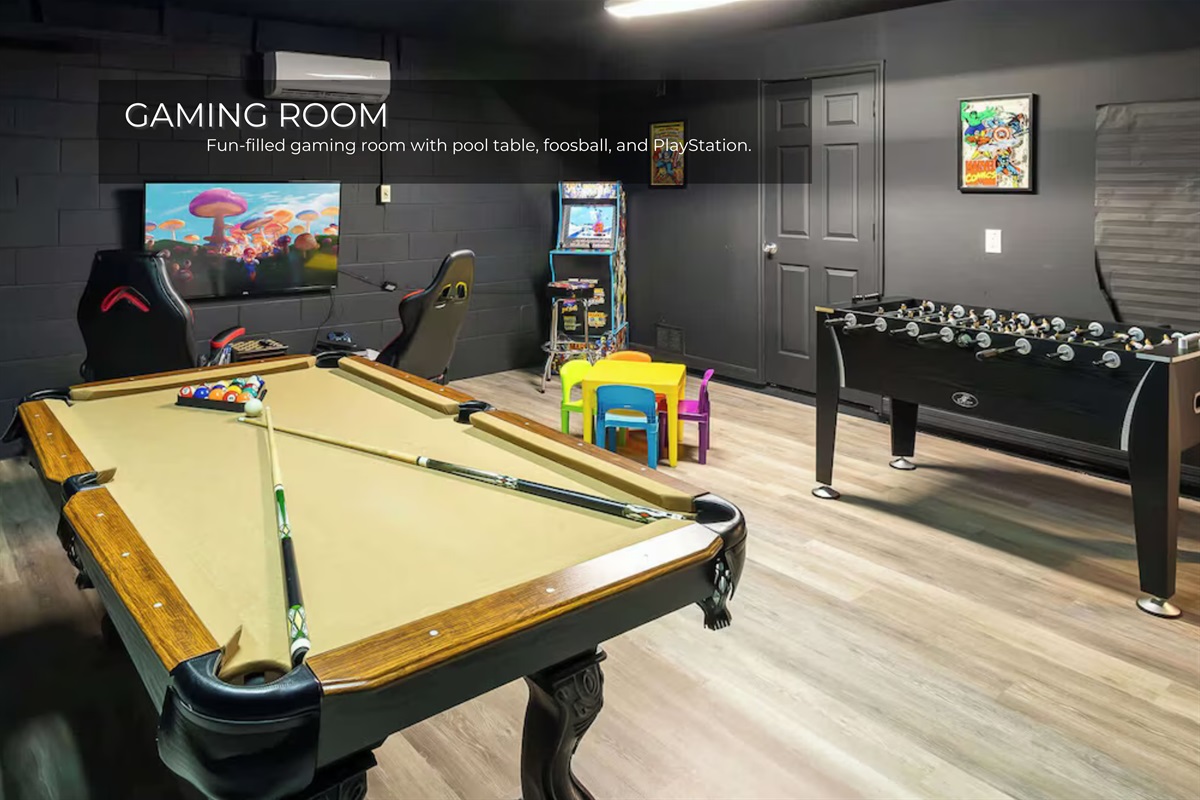 Endless fun awaits in the game room with a pool table, arcade, PlayStation and foosball.