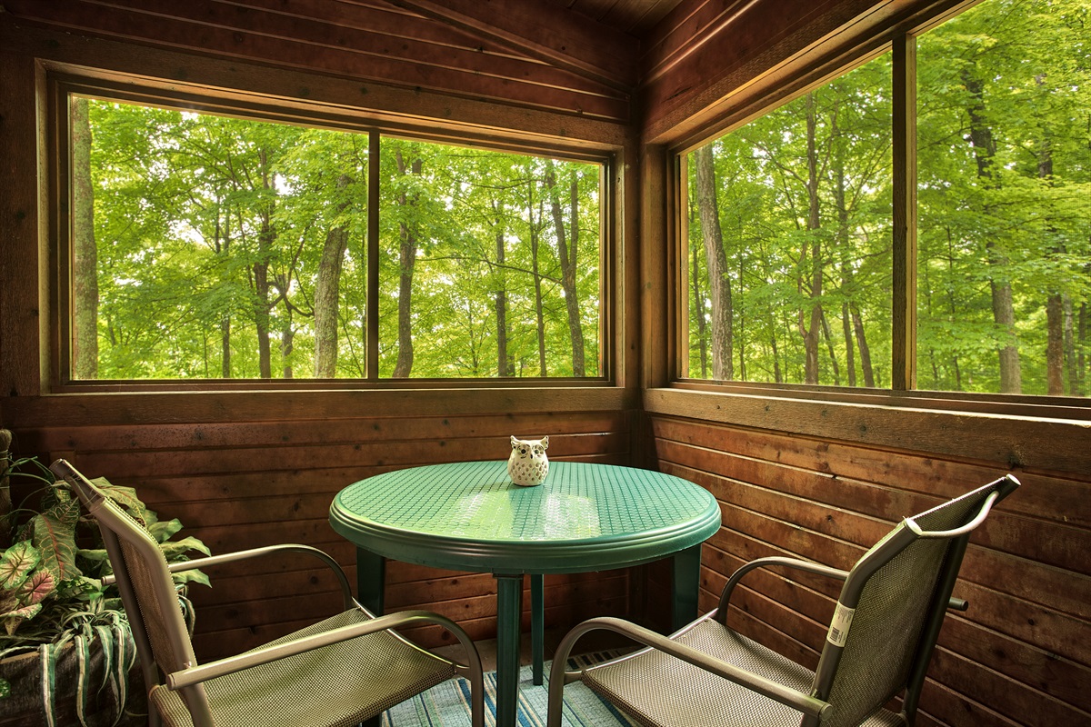 Enjoy dinner at the back porch’s table in the screened in deck area.