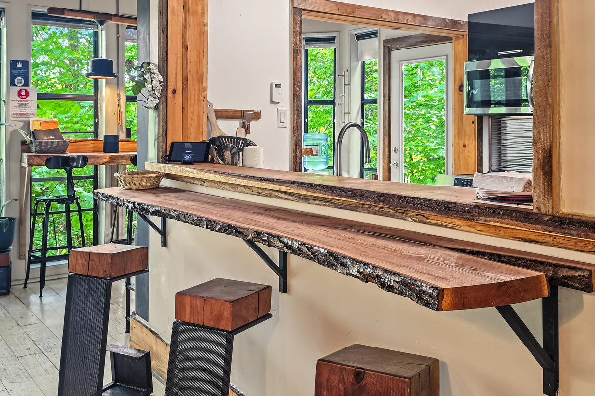Kitchen window bar seating off dining room area