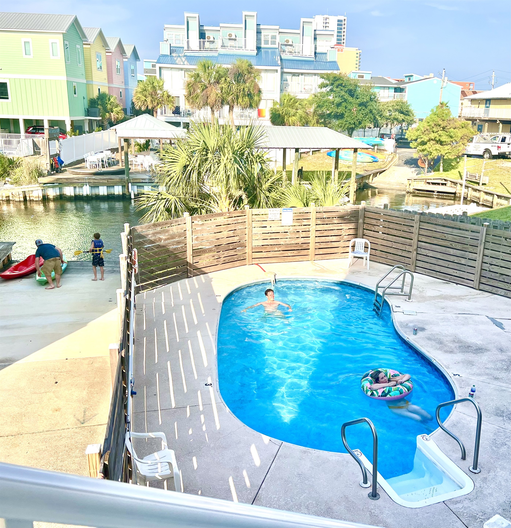 View from the balcony of our heated pool and boat launch