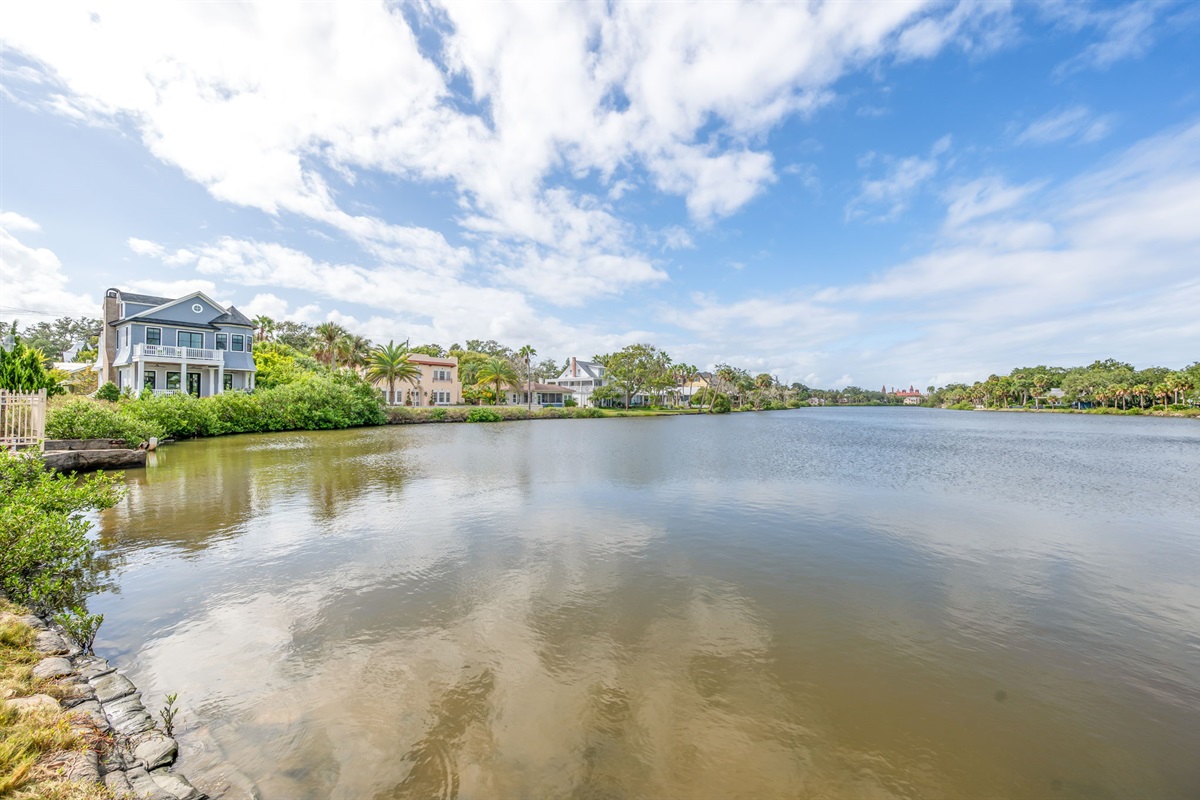 A distant view of the balcony and back porch
