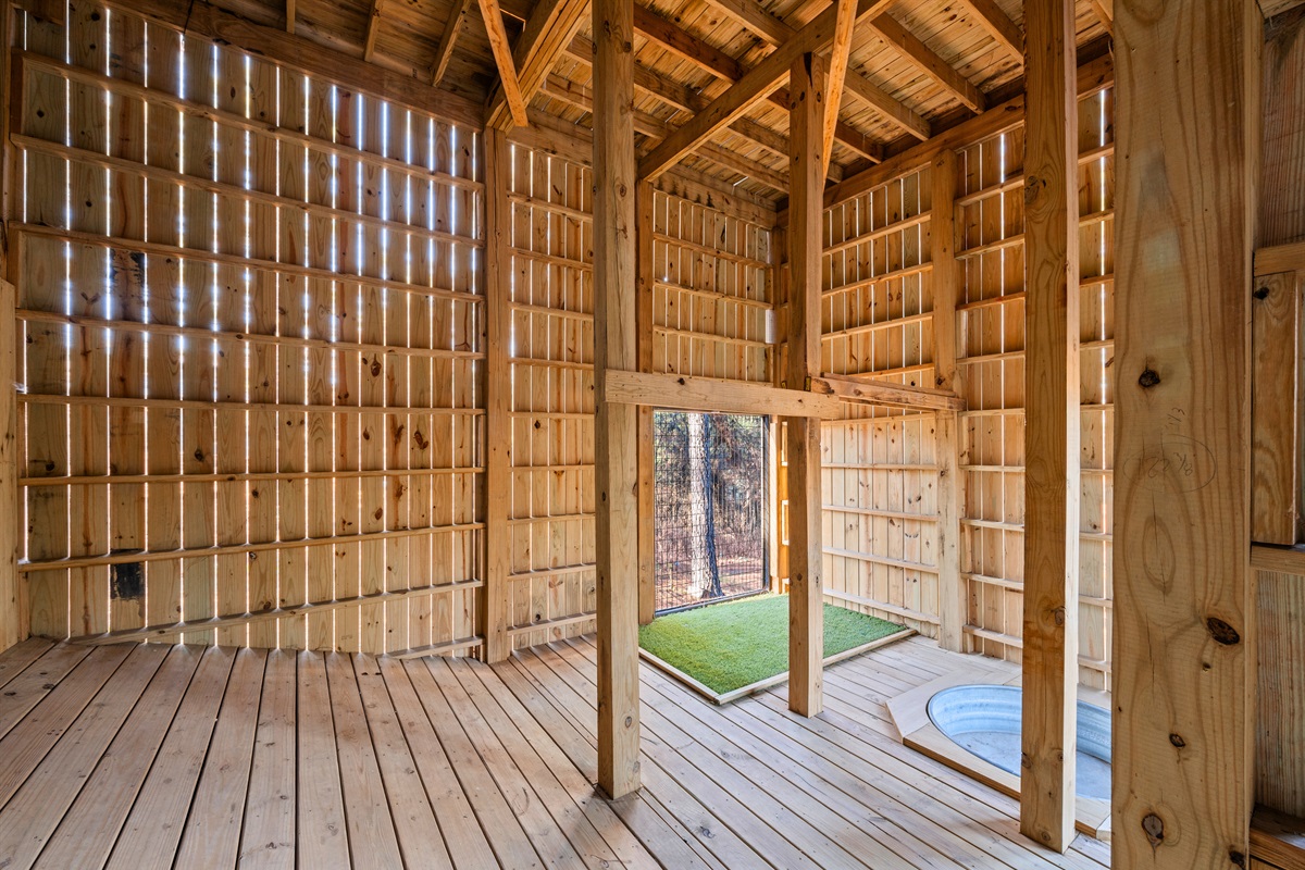Another view of the kennels shows how well-designed the space is, giving pets a safe spot while you enjoy the rest of the cabin.