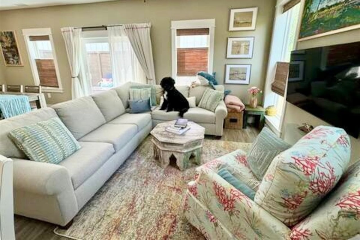 Many light fixtures on dimmer switches for greater ambianceTVs in living space and all 3 bedroomsWaterproof dog blankets available in basket to right of couchBoth sheer and blackout curtains available on double rodBlinds are top-down bottom-up