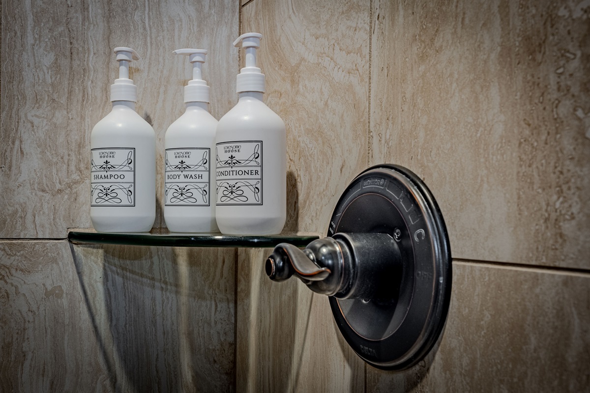 Complimentary luxury soap, shampoo, and conditioner provided.