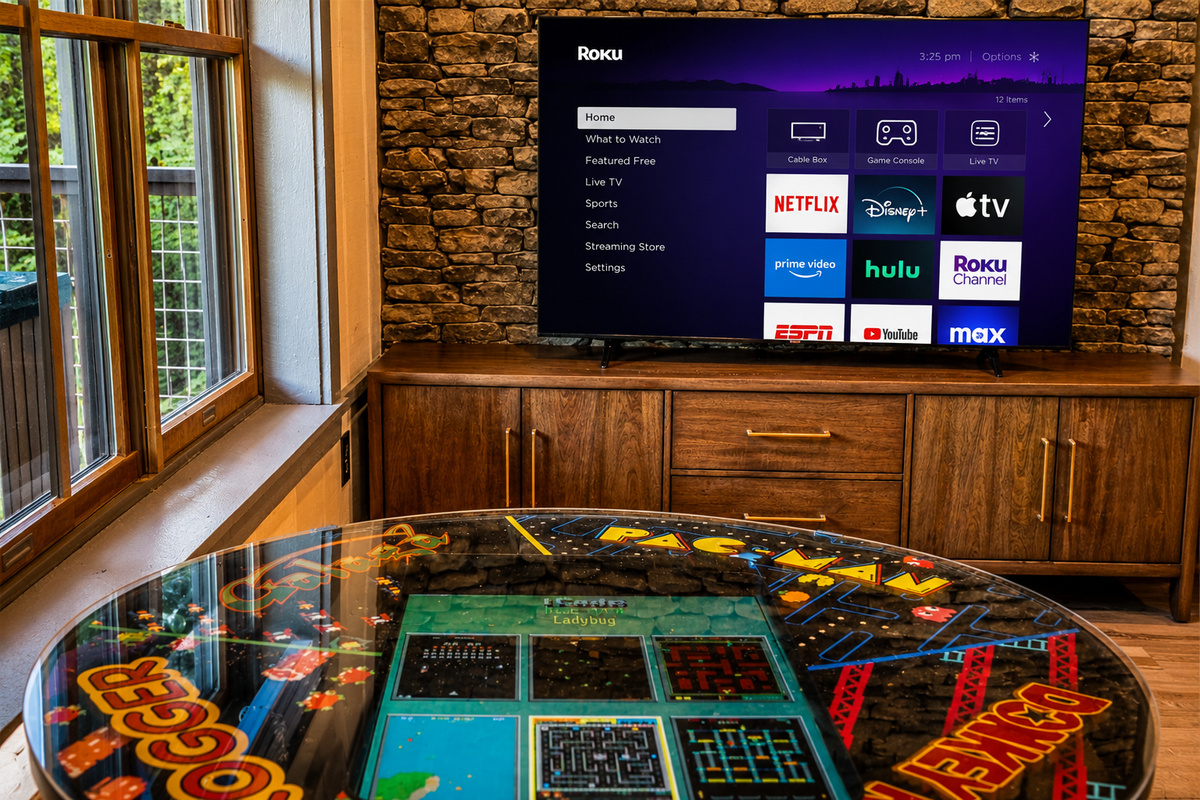 Arcade game and smart TV in the lower level family room.
