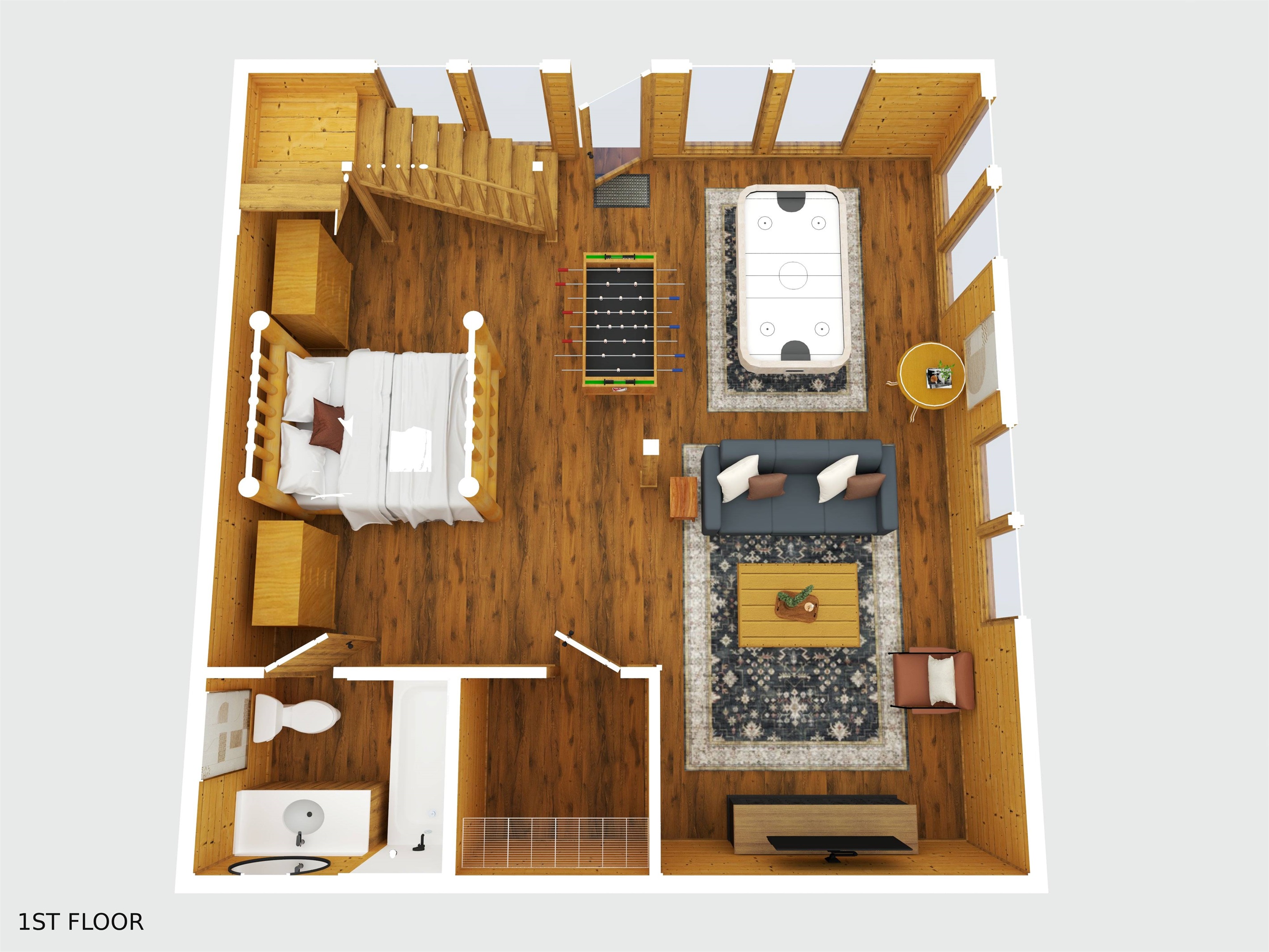 Lower-level Bunk Game Room: Air Hockey, foosball, 75" Smart TV, Queen Bunk Beds & a full bathroom