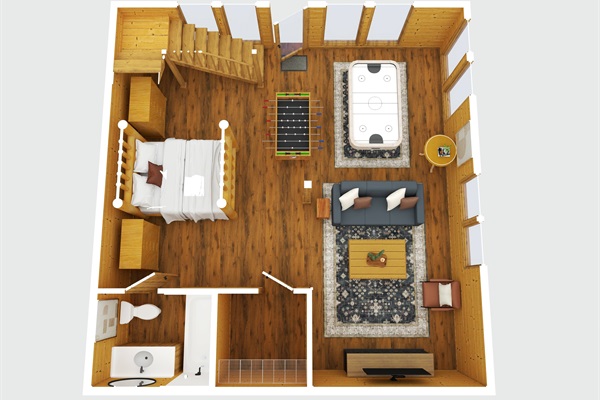 Lower-level Bunk Game Room: Air Hockey, foosball, 75" Smart TV, Queen Bunk Beds & a full bathroom