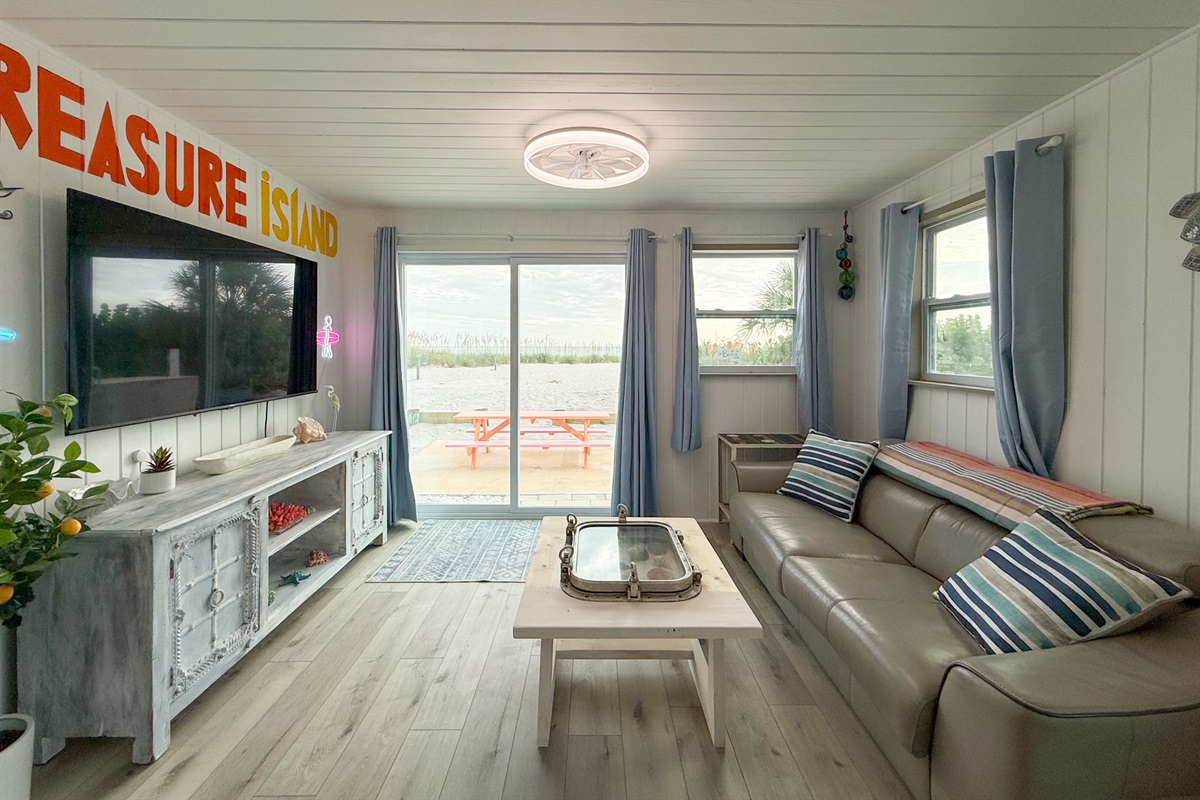 Living Room w/65" TV and Shabby Chic TV Console