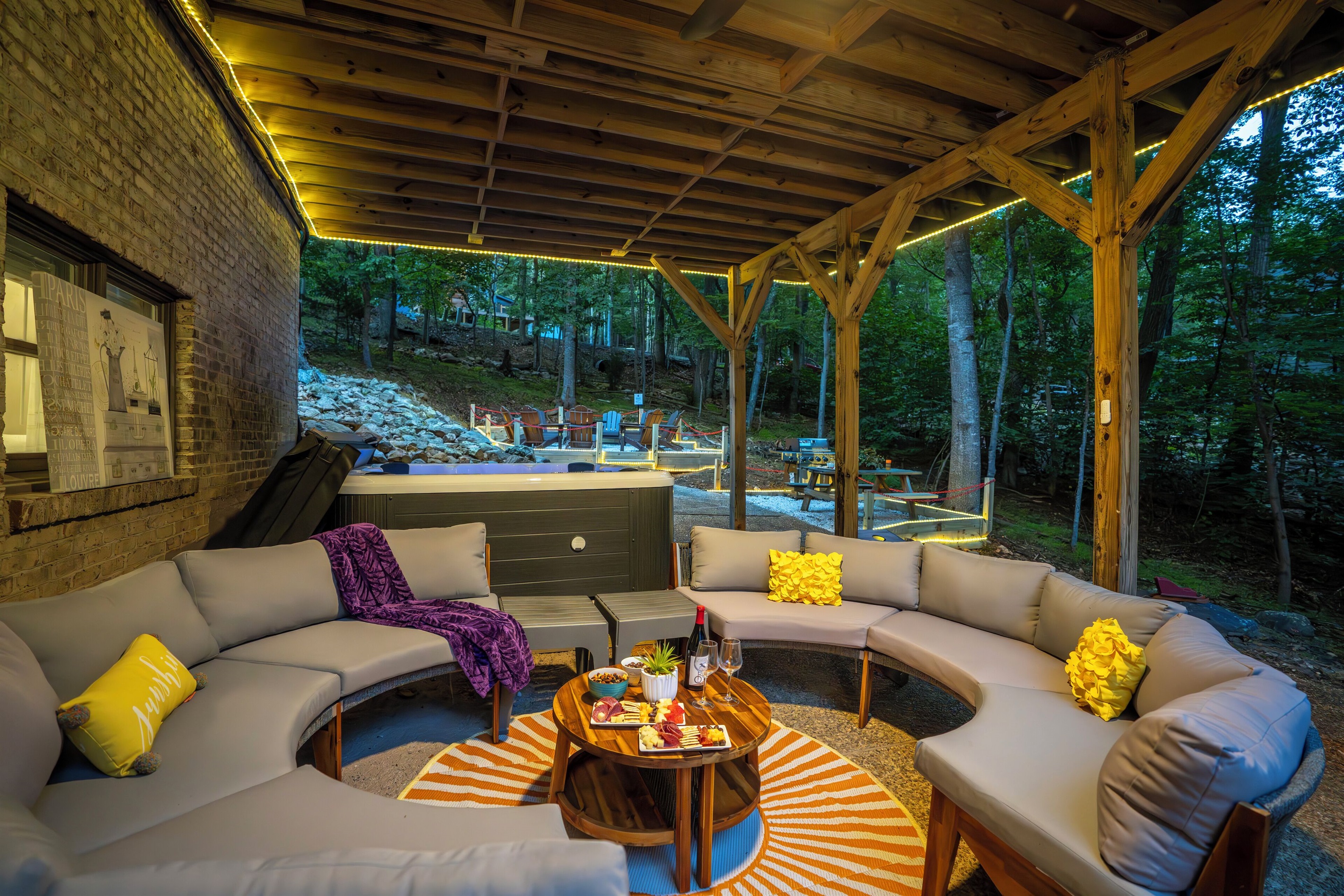 Comfy seating area in covered portion of patio
