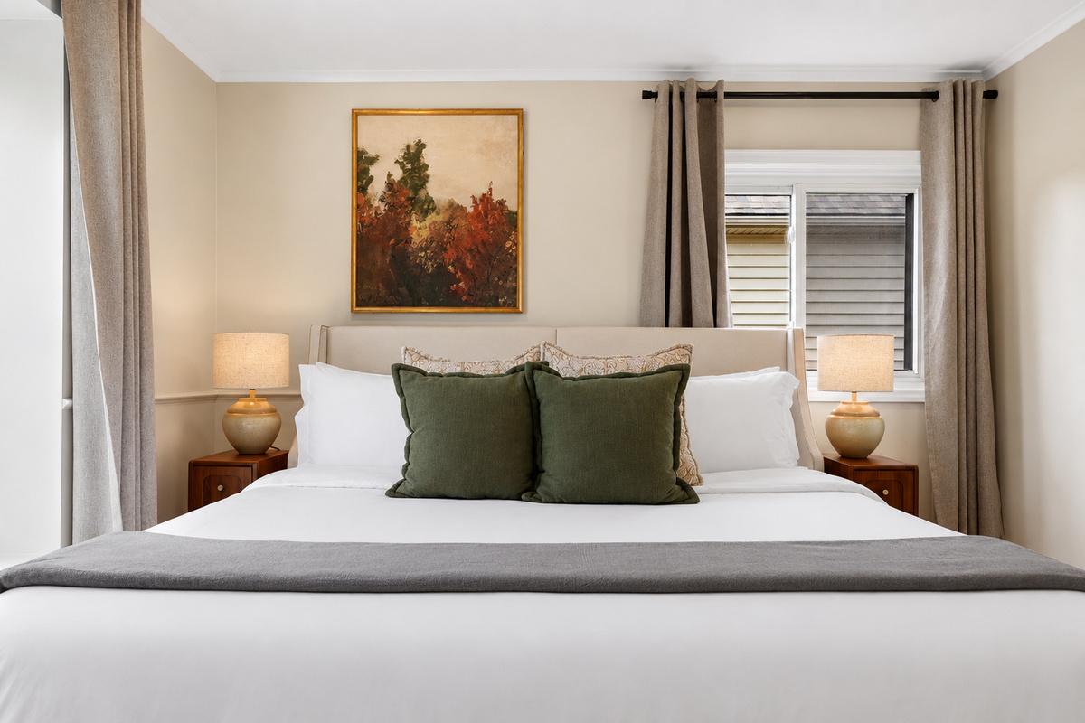 This bright and inviting bedroom features a plush king-size bed, soft neutral tones, and large windows, creating a peaceful and restful retreat for guests.
