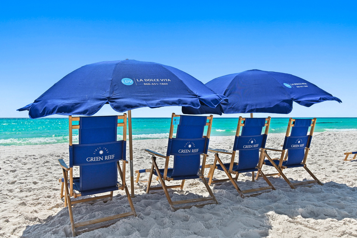 FREE Beach Chair Service: 4 Chairs & 2 Umbrellas (in-season March 1-October 31) are setup right in front of the home for you to enjoy! Our provided beach gear can be setup around these chairs.