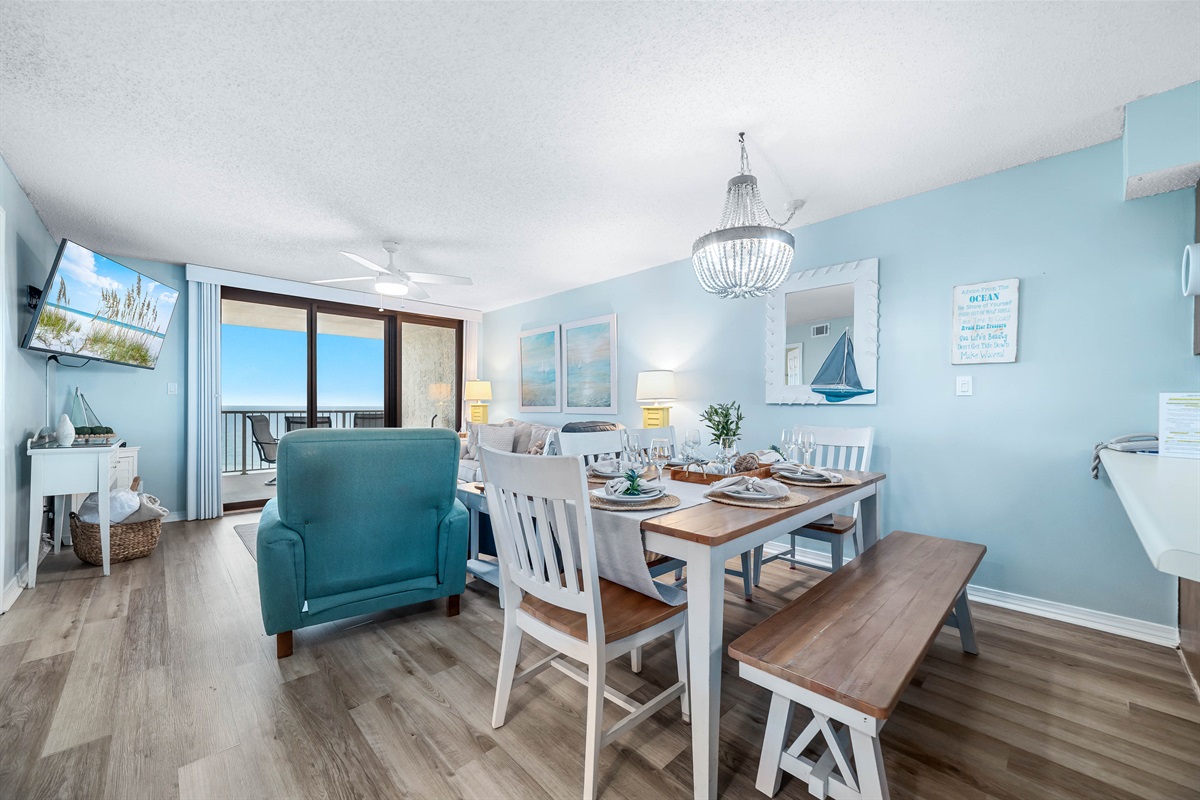 Dine with an ocean vista. This charming dining area offers the ideal setting to savor meals while enjoying breathtaking views of the sparkling coastline.