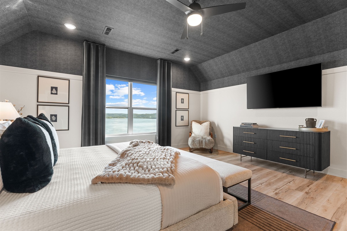 Upper level King bedroom #1 with large TV and one of the best views in the house!