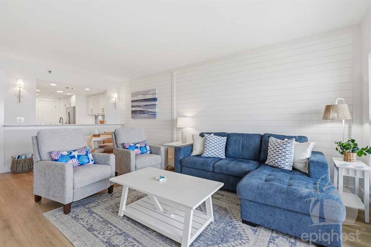 Living room with deep sectional and accent chair