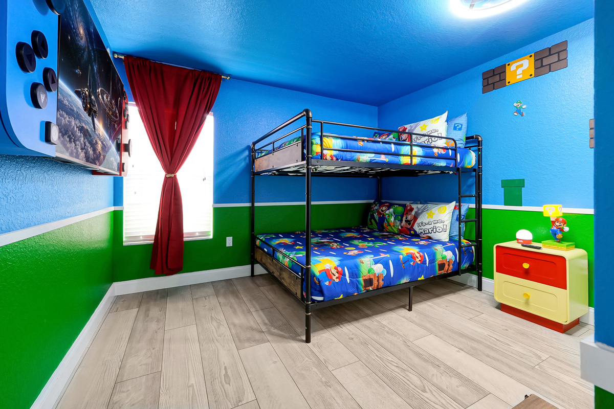 Mario bunk room with queen-over-queen bunk