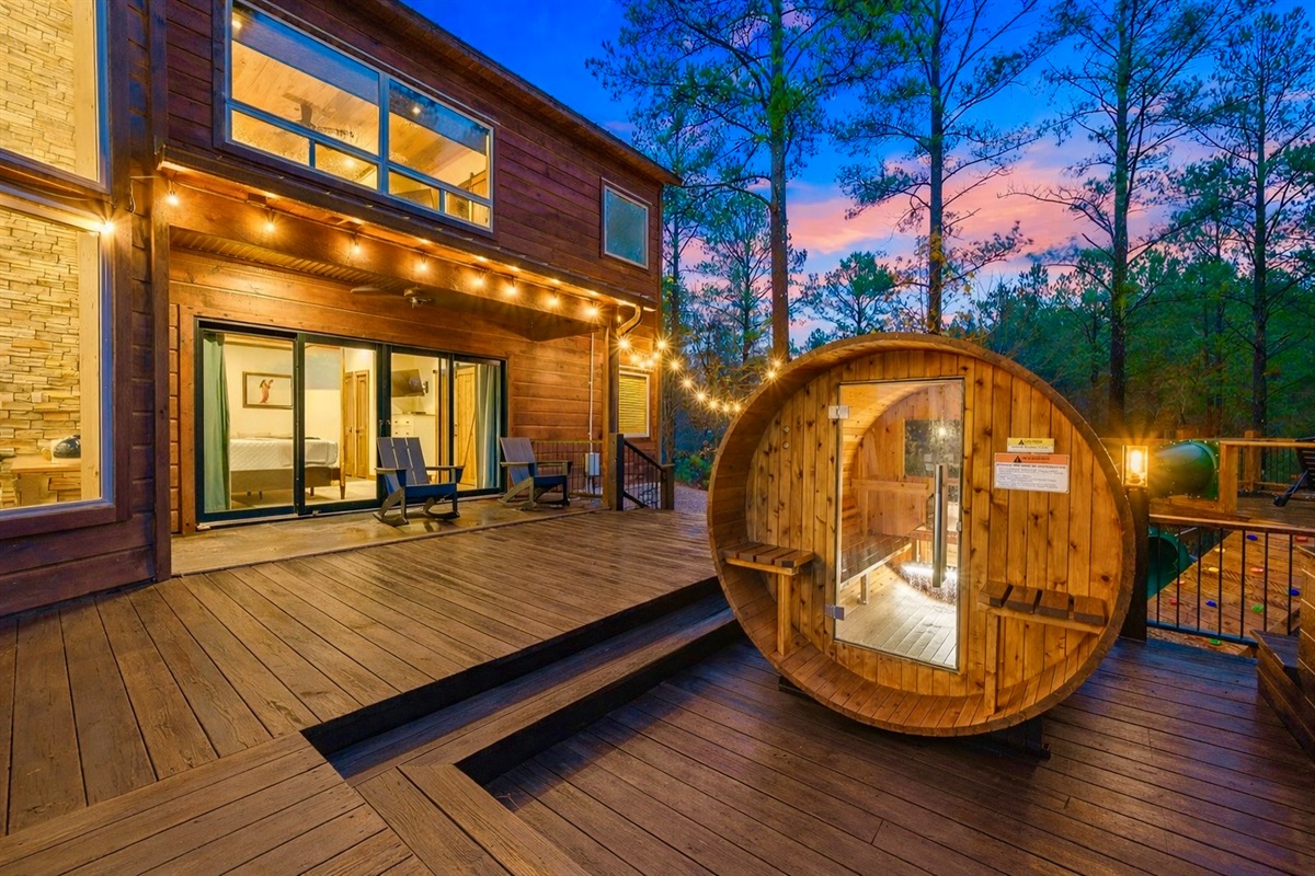 Barrel sauna right outside the large bedroom downstairs. 