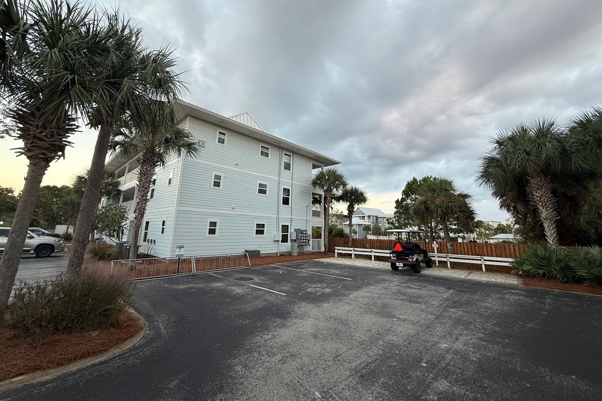 Golf cart charging station and bike rack conveniently located right next to our building