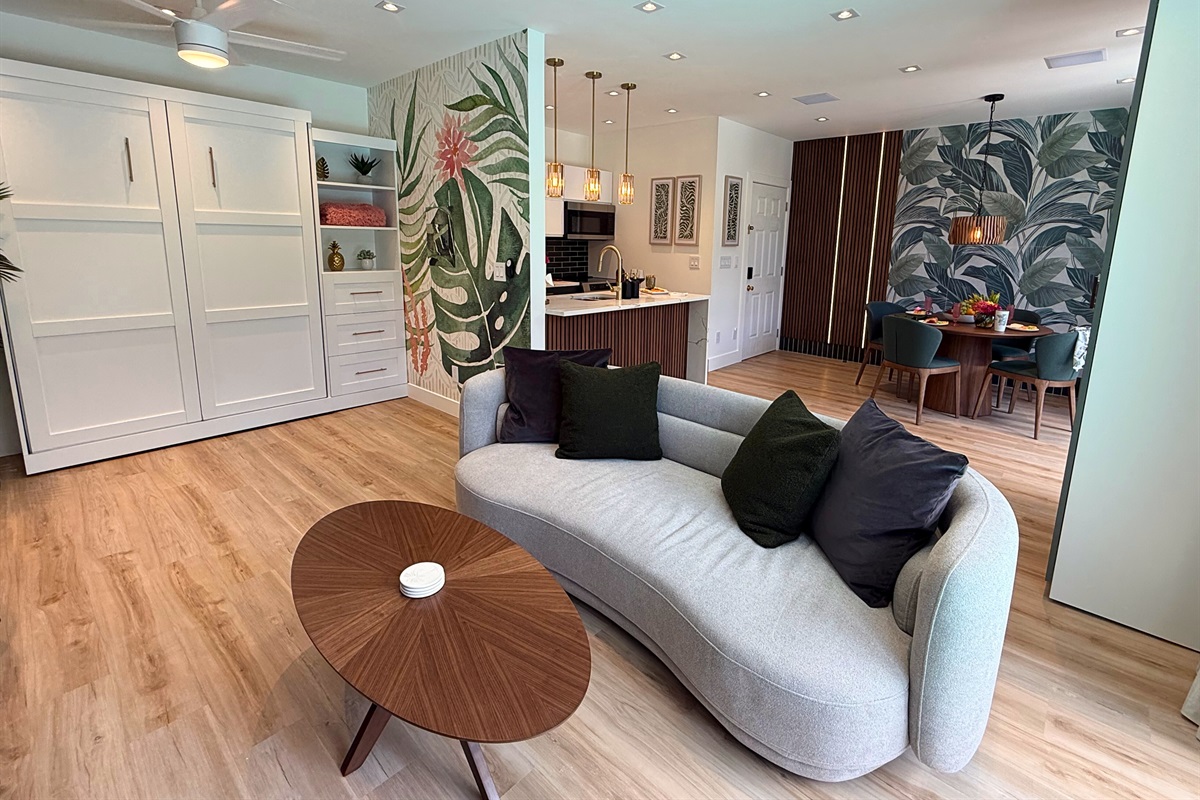 Murphy bed is tucked away when not needed but we have sleeping for 4