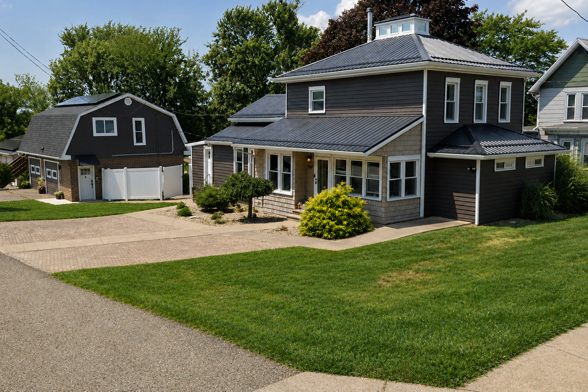 Front exterior of the updated 1875 home (right) and Guest House (left).