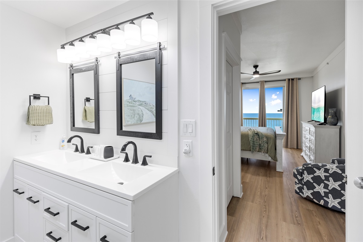 Primary Bathroom + Double Vanity + Walk In Shower