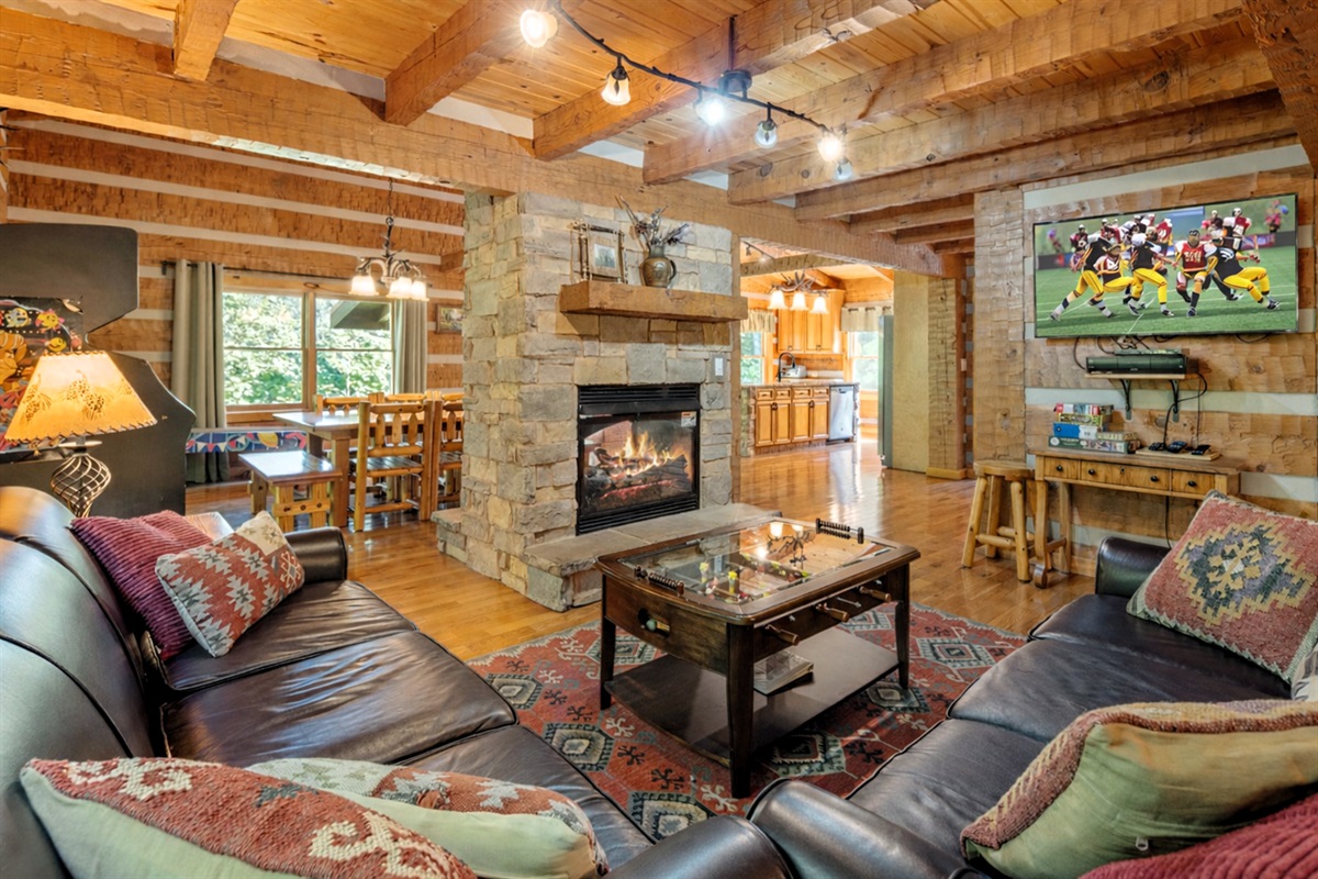 Cozy up by the double-sided fireplace after a day exploring the Smokies (operates Oct–Mar)