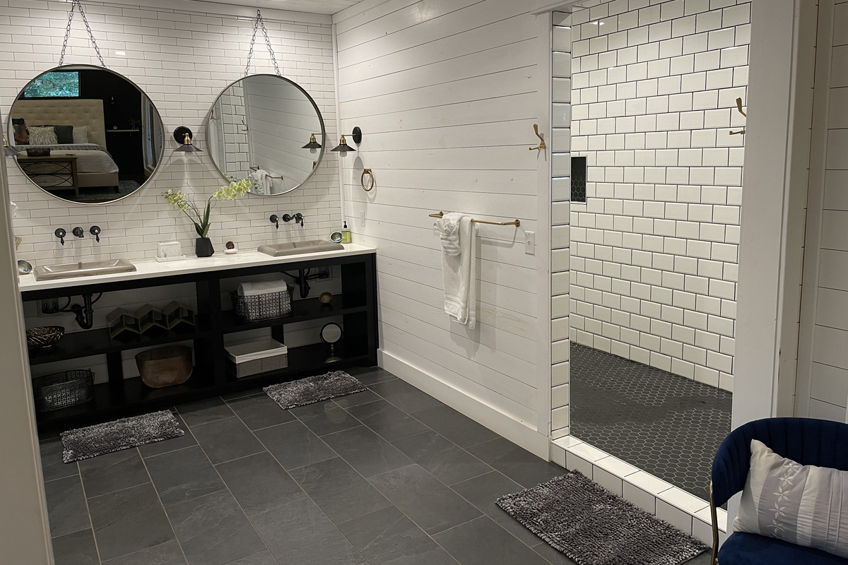 The en-suite bathroom with an oversized walk-in shower for two.