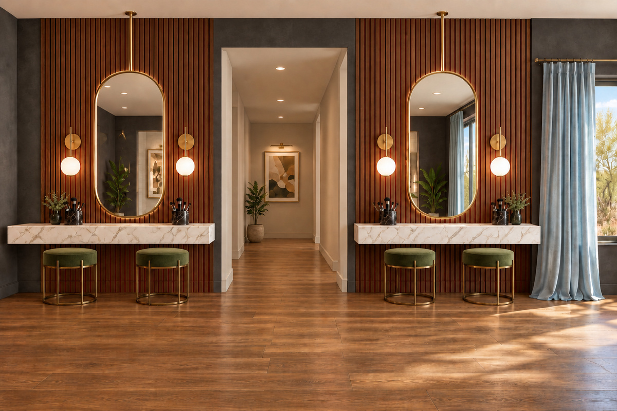{Getting Ready Station} Getting ready is part of the fun at Firebird. Claim a spot at the shared beauty counter, cue your favorite playlist, and perfect your look beneath oversized brass mirrors before a night out in Old Town.