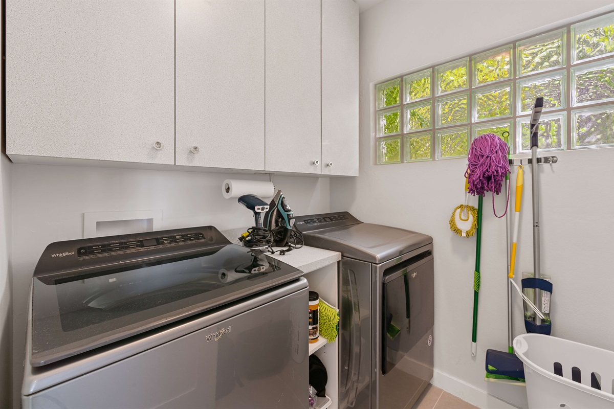 The laundry room is located on the pool level