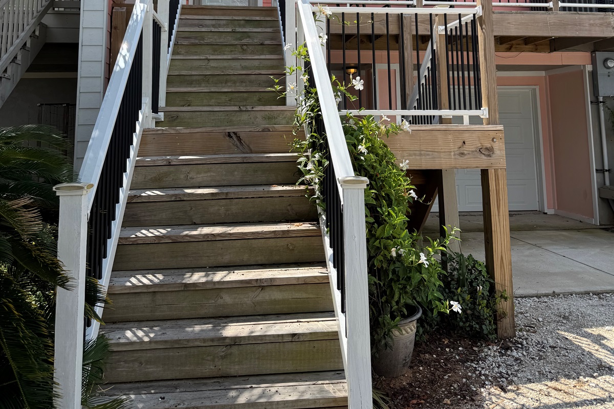 Front of the unit with stairs going to the front door