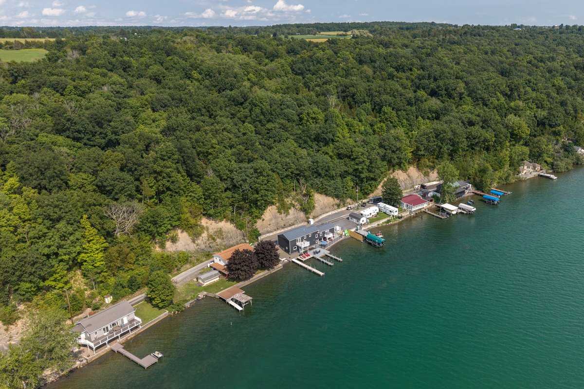 Waterfront neighborhood below the wooded hillside