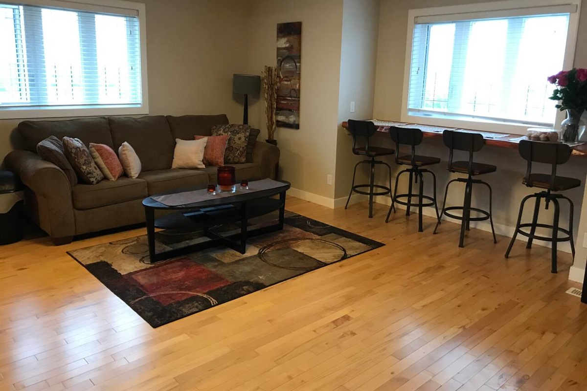 GUEST LIVING ROOM. PULL OUT COUCH AND LIVE EDGE EATING BAR. LOTS OF SPACE TO RELAX.