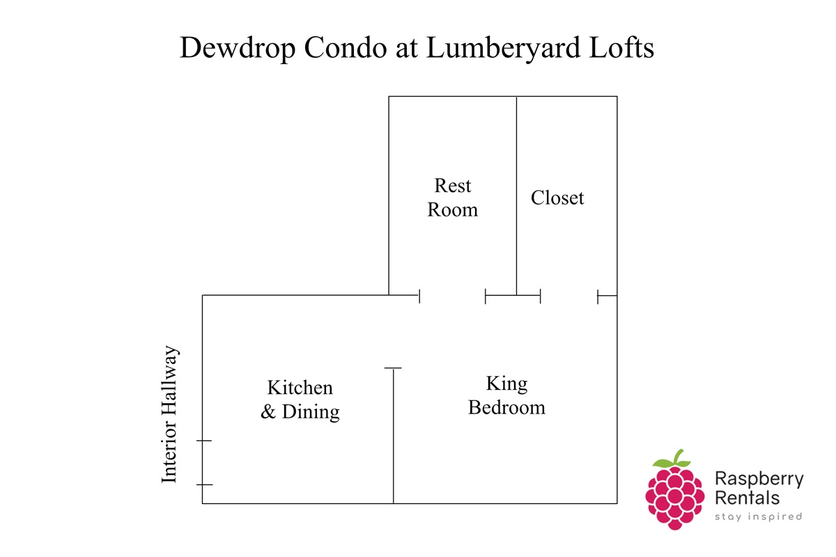 Dewdrop Floorplan entering into kitchen, then going into bedroom and off the bedroom are the rest room and large closet.