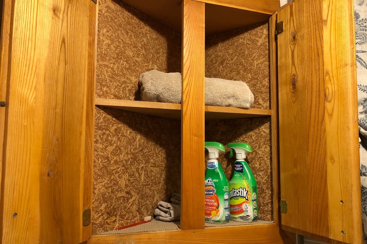 Cleaning items available, along with rags to use in case of larger clean-ups.