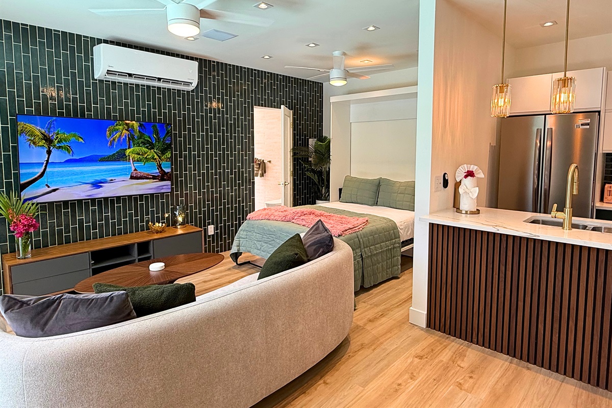 Living room with smart TV and super comfy couch