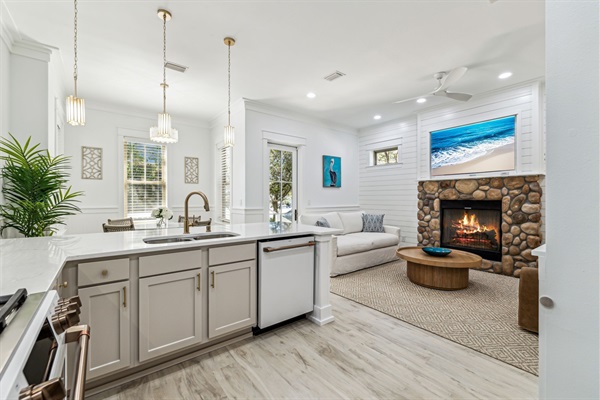 Open concept kitchen, dining room, and living room.  (Fireplace is for aesthetics at this moment.   Please do not use or touch.)
