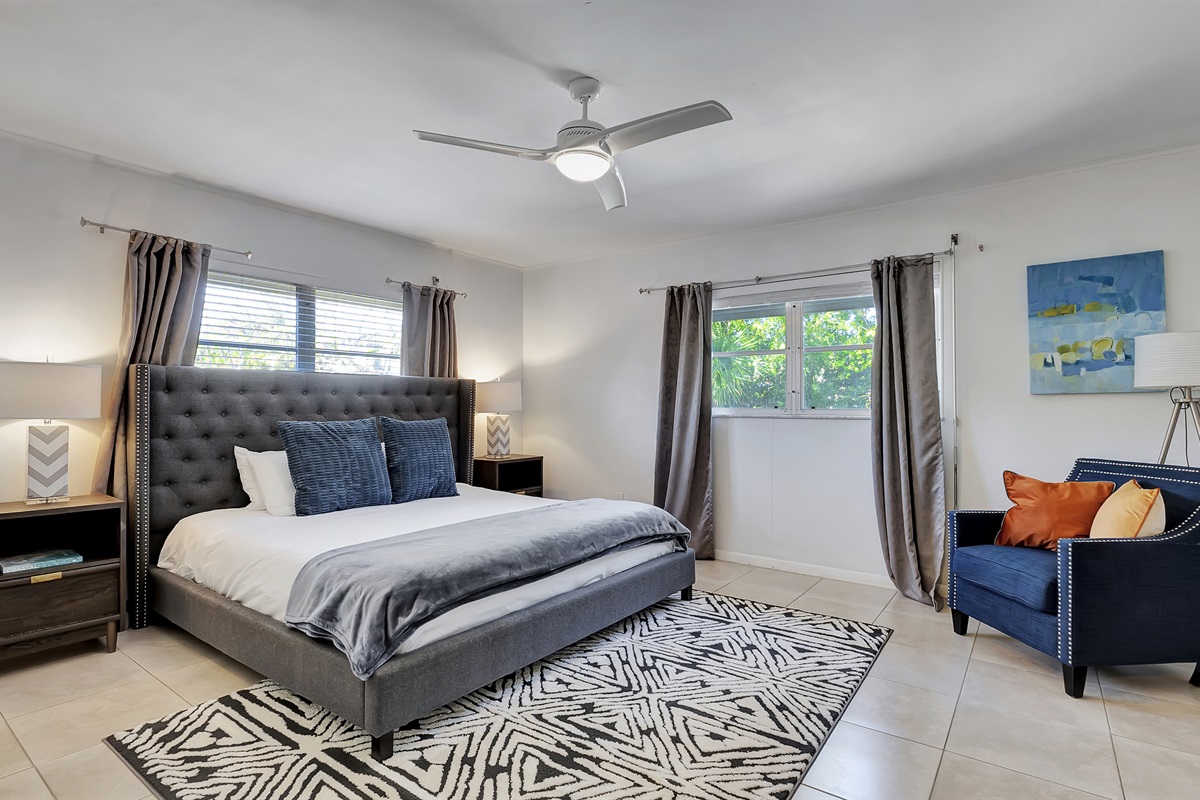 The primary bedroom with king bed